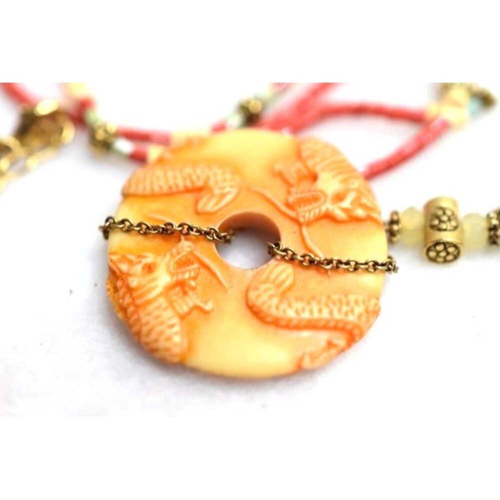 Artistic Carved Dragon Faux Jade Orange/Red Beaded Pendant Gold Tone18" Necklace